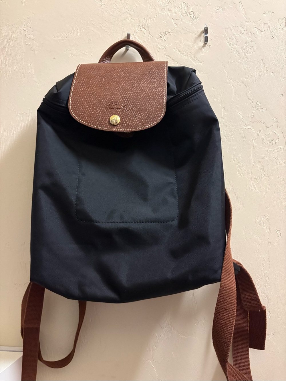 Longchamp Le Pliage Mini Backpack Black Nylon Brown Leather EUC